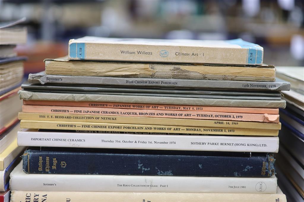 A box of Asian Art books and catalogues and krug glass volumes